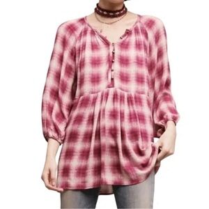 Anthropologie Maeve Calavon Peplum Plaid Blouse Size Large Pink/Purple
